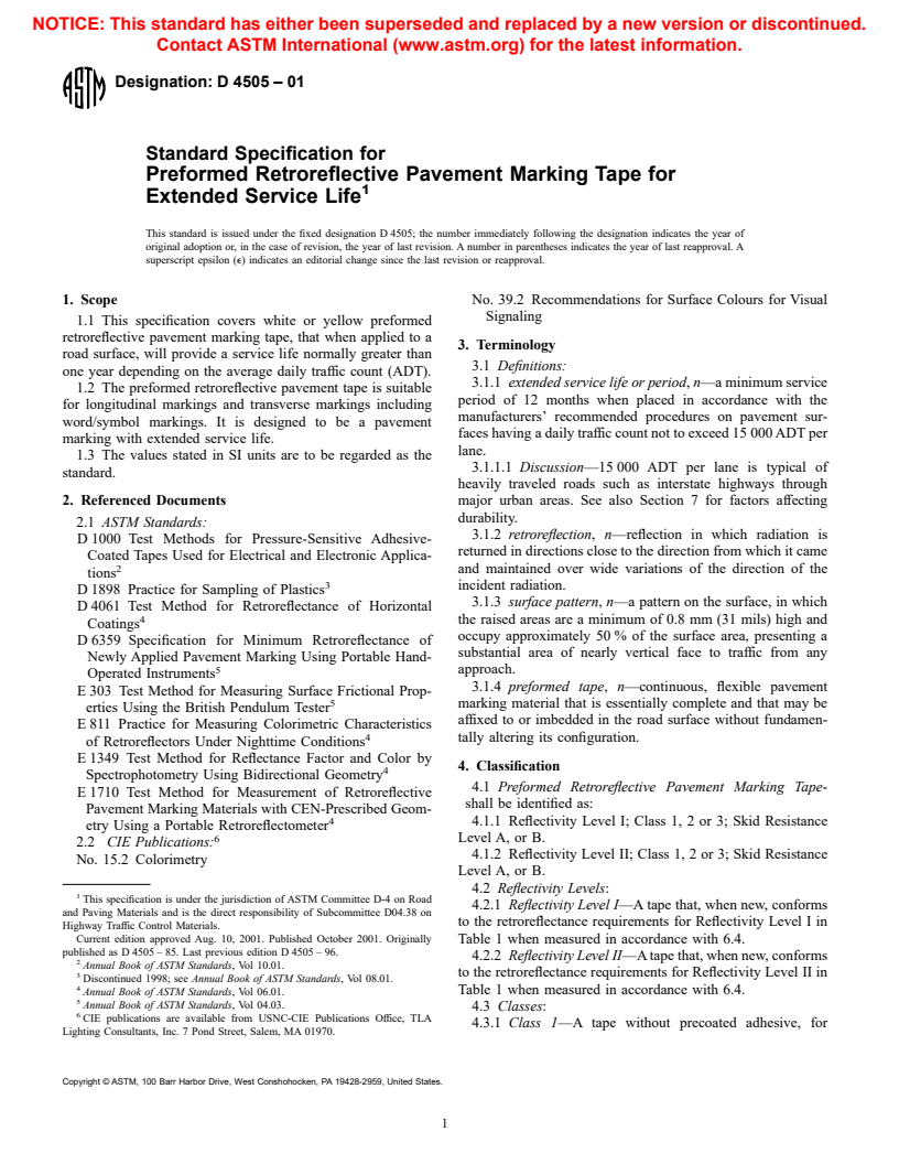 ASTM D4505-01 - Standard Specification for Preformed Retroreflective Pavement Marking Tape for Extended Service Life