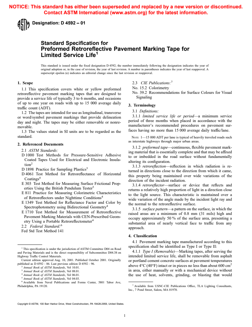 ASTM D4592-01 - Standard Specification for Preformed Retroreflective Pavement Marking Tape for Limited Service Life