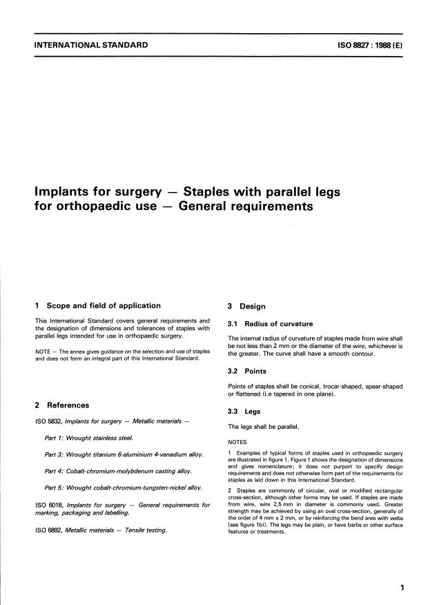 ISO 8827:1988 - Implants for surgery -- Staples with parallel legs for orthopaedic use -- General requirements