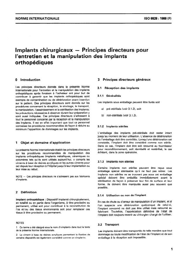 ISO 8828:1988 - Implants chirurgicaux -- Principes directeurs pour l'entretien et la manipulation des implants orthopédiques