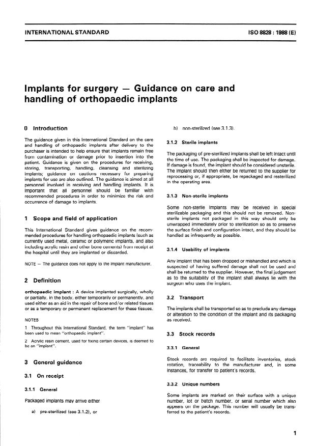 ISO 8828:1988 - Implants for surgery -- Guidance on care and handling of orthopaedic implants