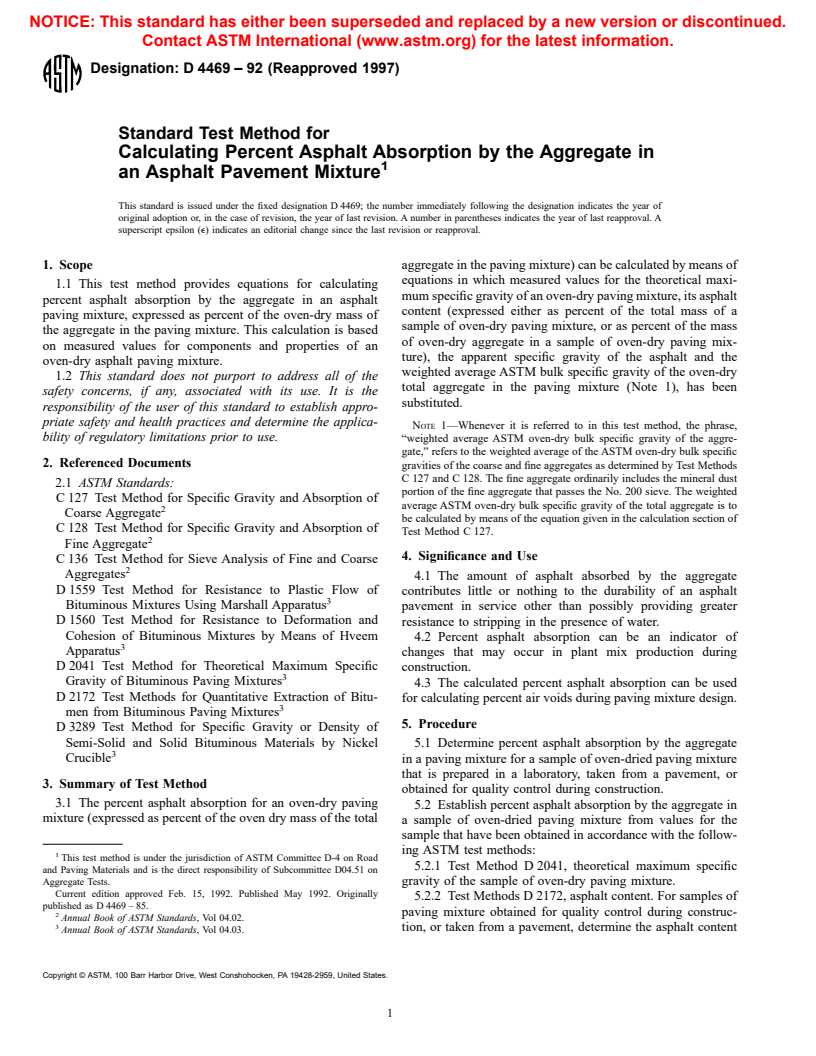 ASTM D4469-92(1997) - Standard Test Method for Calculating Percent Asphalt Absorption by the Aggregate in an Asphalt Pavement Mixture