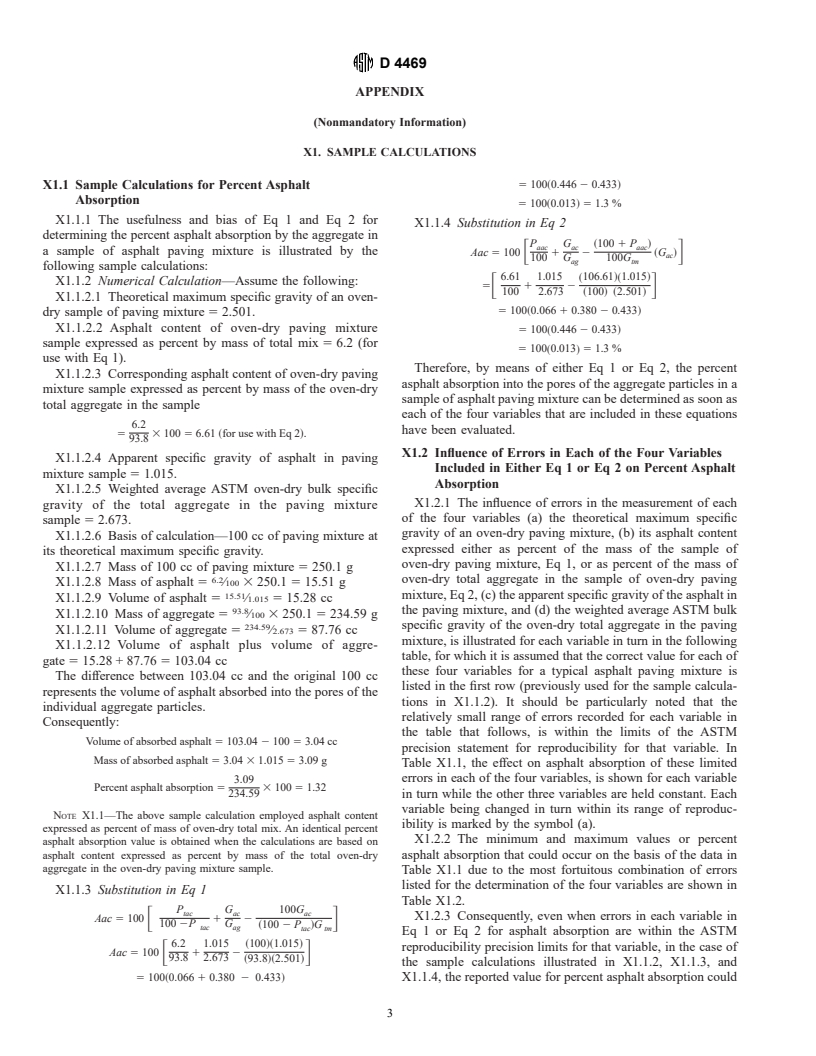 ASTM D4469-92(1997) - Standard Test Method for Calculating Percent Asphalt Absorption by the Aggregate in an Asphalt Pavement Mixture