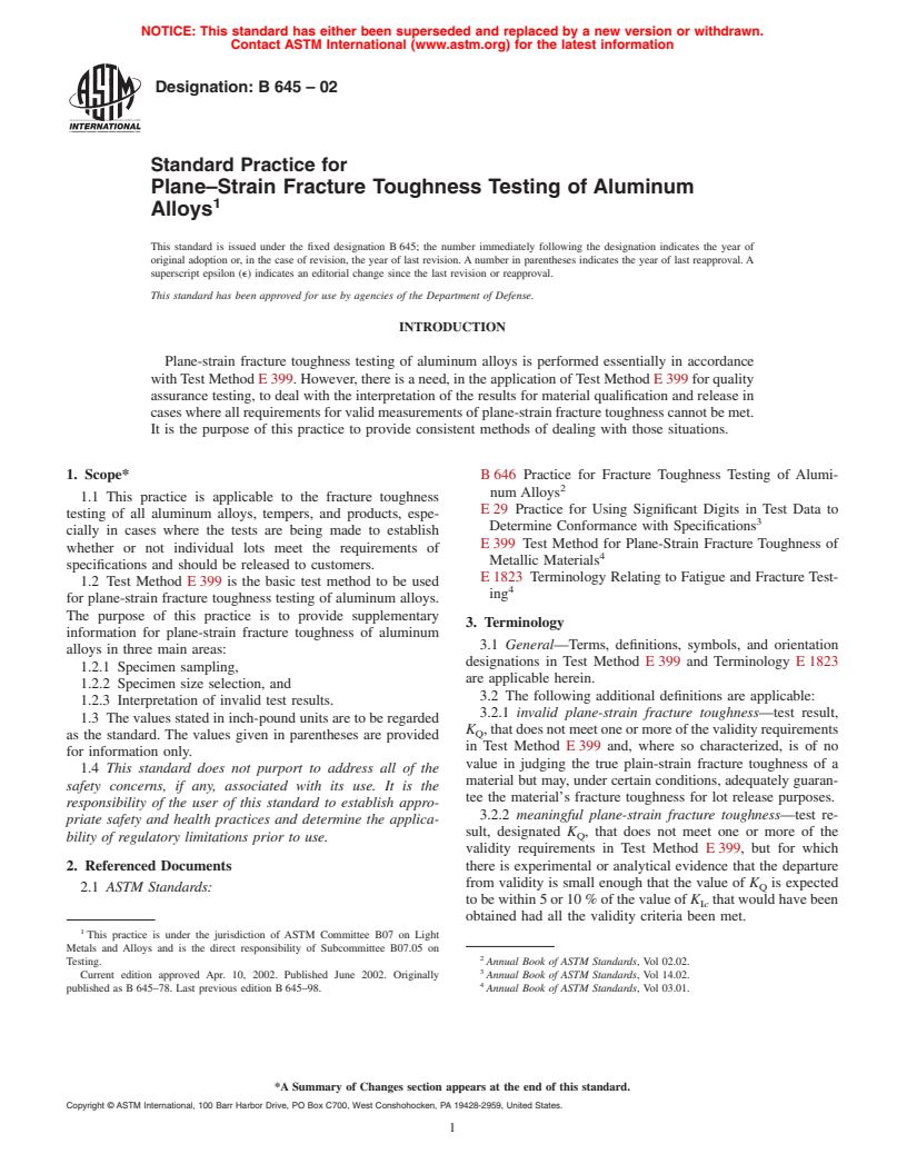 ASTM B645-02 - Standard Practice for Plane-Strain Fracture Toughness Testing of Aluminum Alloys