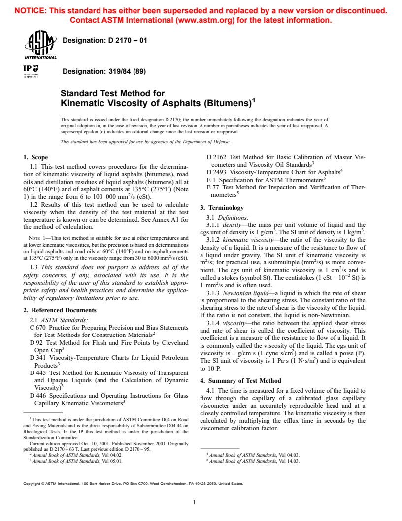 ASTM D2170-01 - Standard Test Method for Kinematic Viscosity of Asphalts (Bitumens)