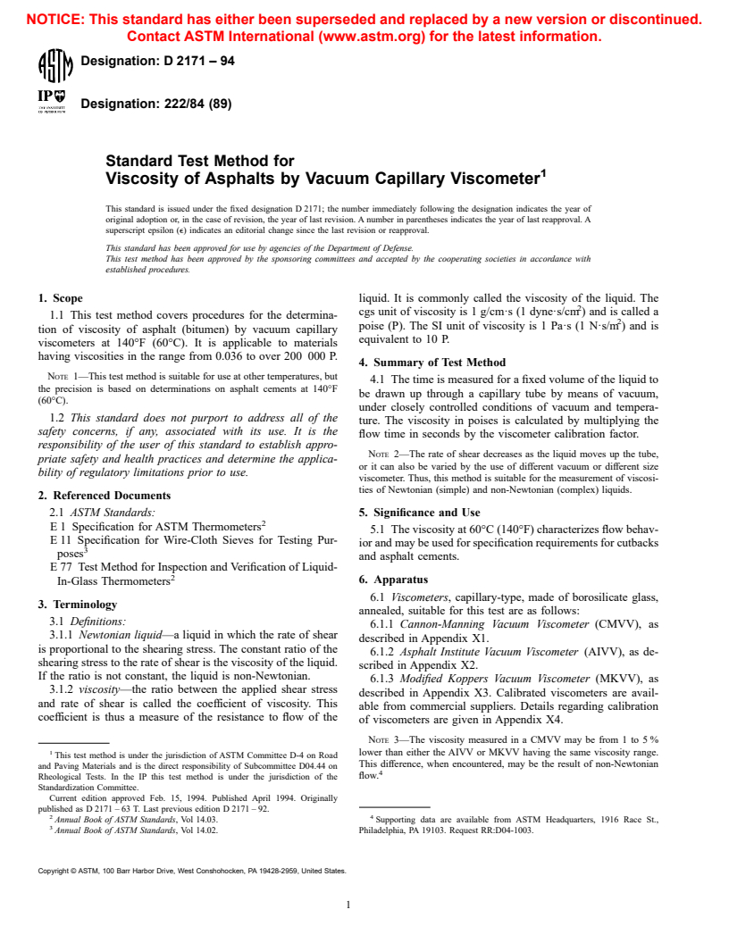 ASTM D2171-94 - Standard Test Method for Viscosity of Asphalts by Vacuum Capillary Viscometer