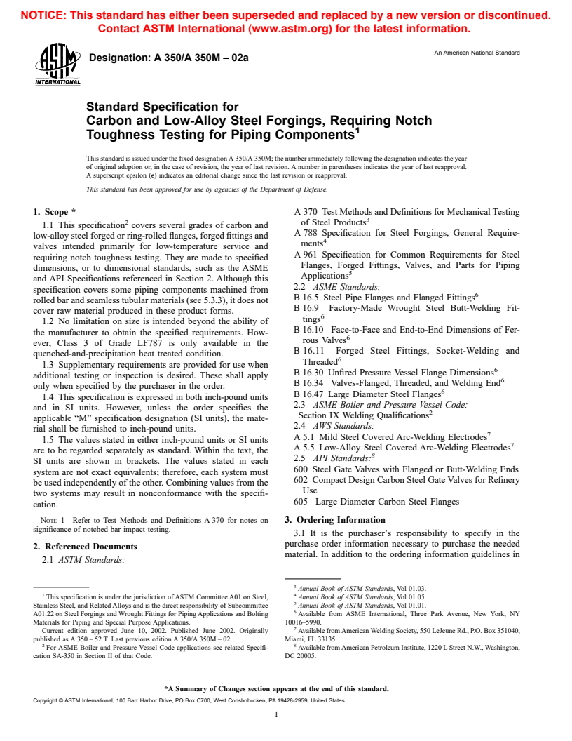 ASTM A350/A350M-02a - Standard Specification for Carbon and Low-Alloy Steel Forgings, Requiring Notch Toughness Testing for Piping Components