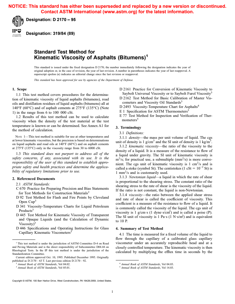 ASTM D2170-95 - Standard Test Method for Kinematic Viscosity of Asphalts (Bitumens)