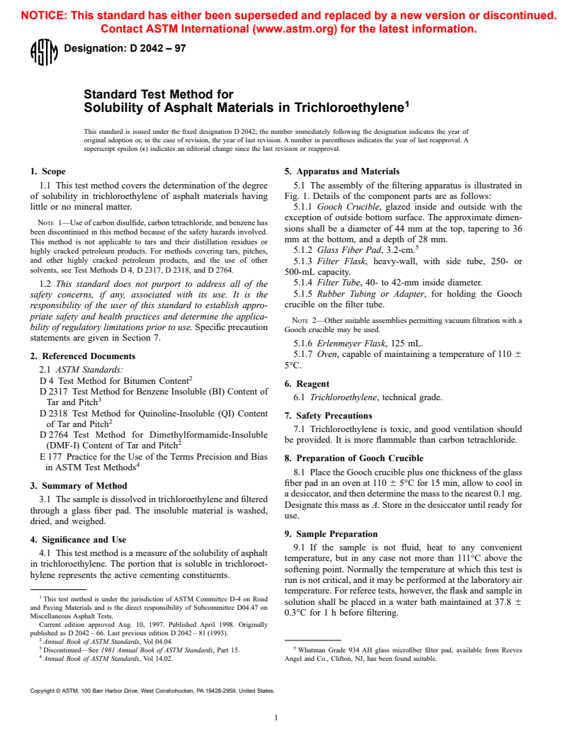 ASTM D2042-97 - Standard Test Method for Solubility of Asphalt Materials in Trichloroethylene