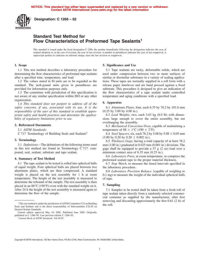 ASTM C1266-02 - Standard Test Method for Flow Characteristics of Preformed Tape Sealants