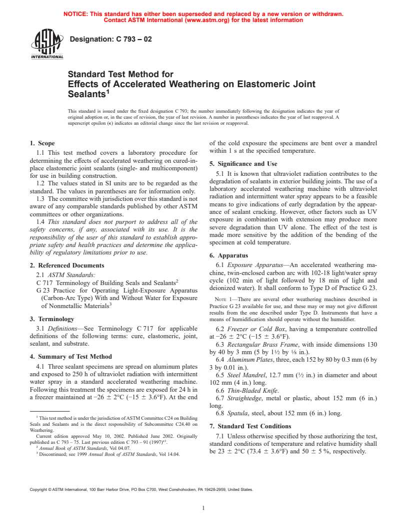 ASTM C793-02 - Standard Test Method for Effects of Accelerated Weathering on Elastomeric Joint Sealants