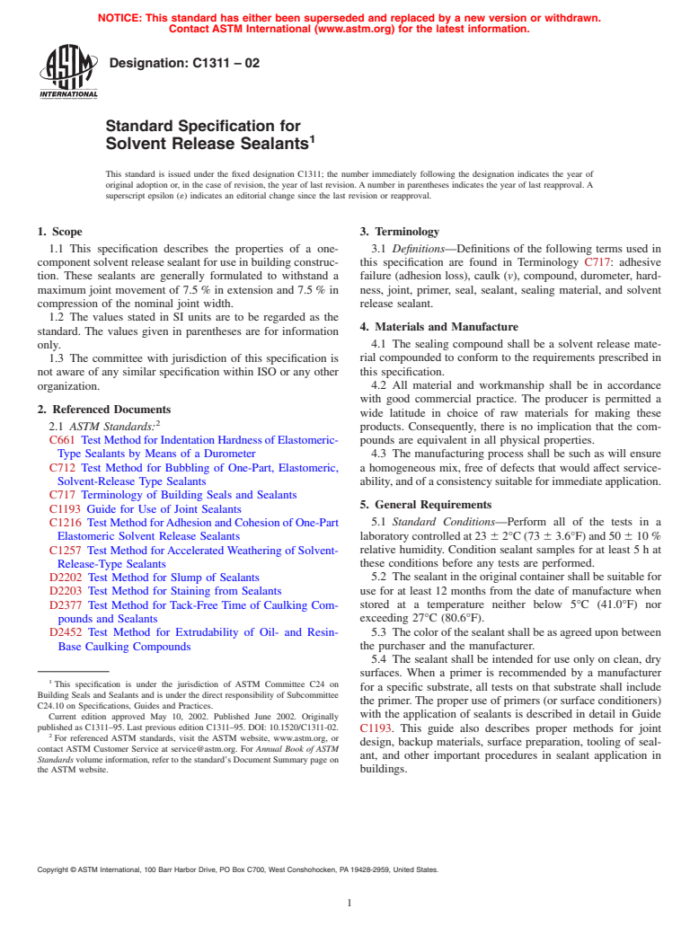 ASTM C1311-02 - Standard Specification for Solvent Release Sealants