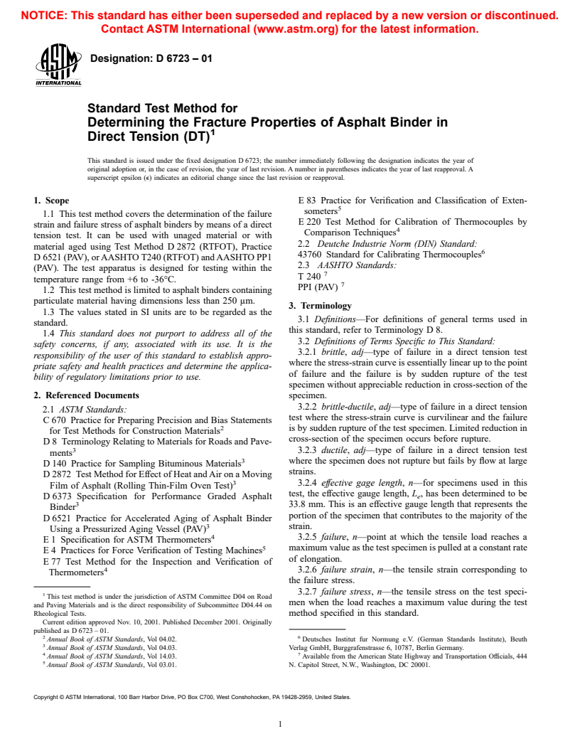 ASTM D6723-01 - Standard Test Method for Determining the Fracture Properties of Asphalt Binder in Direct Tension (DT)