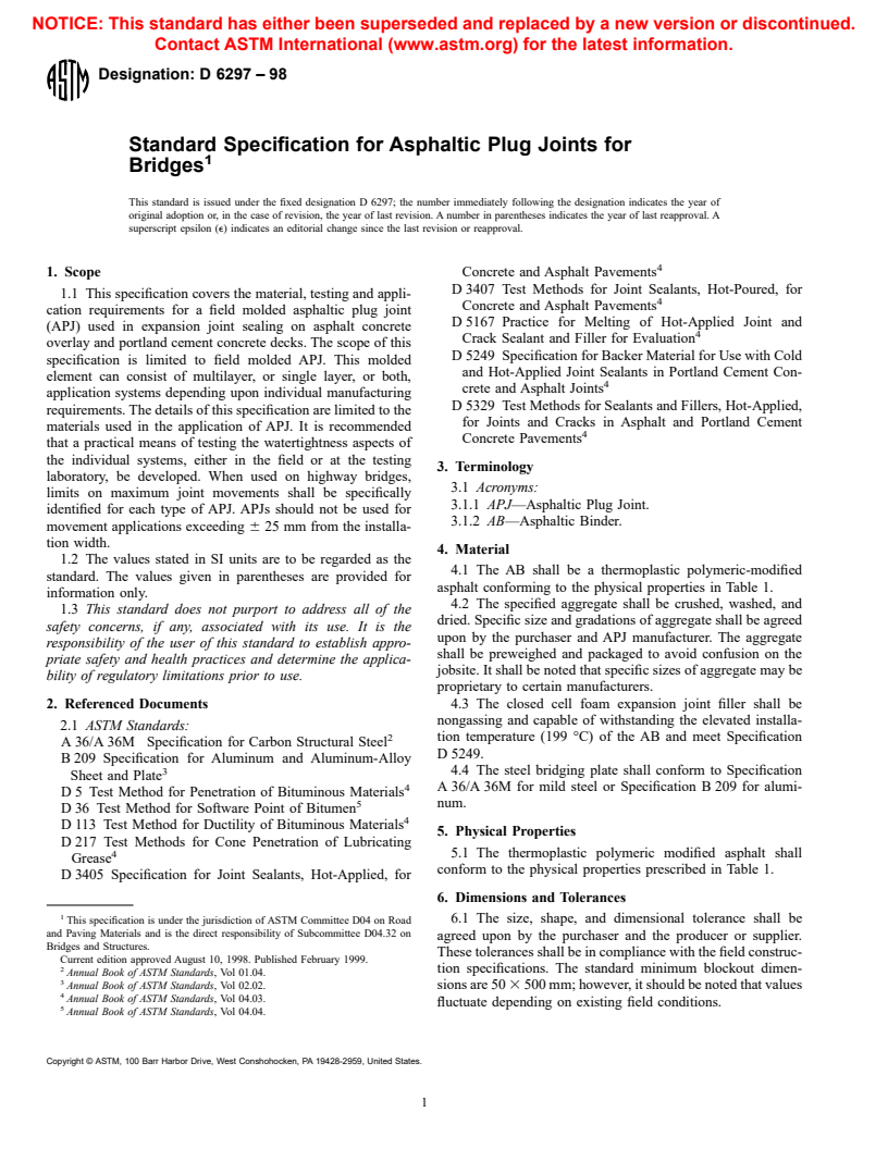 ASTM D6297-98 - Standard Specification for Asphaltic Plug Joints for Bridges