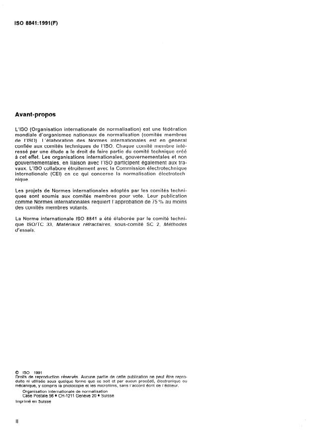 ISO 8841:1991 ISO 8841:1991 - Produits réfractaires façonnés denses -- Détermination de la perméabilité aux gaz - Page 2 preview