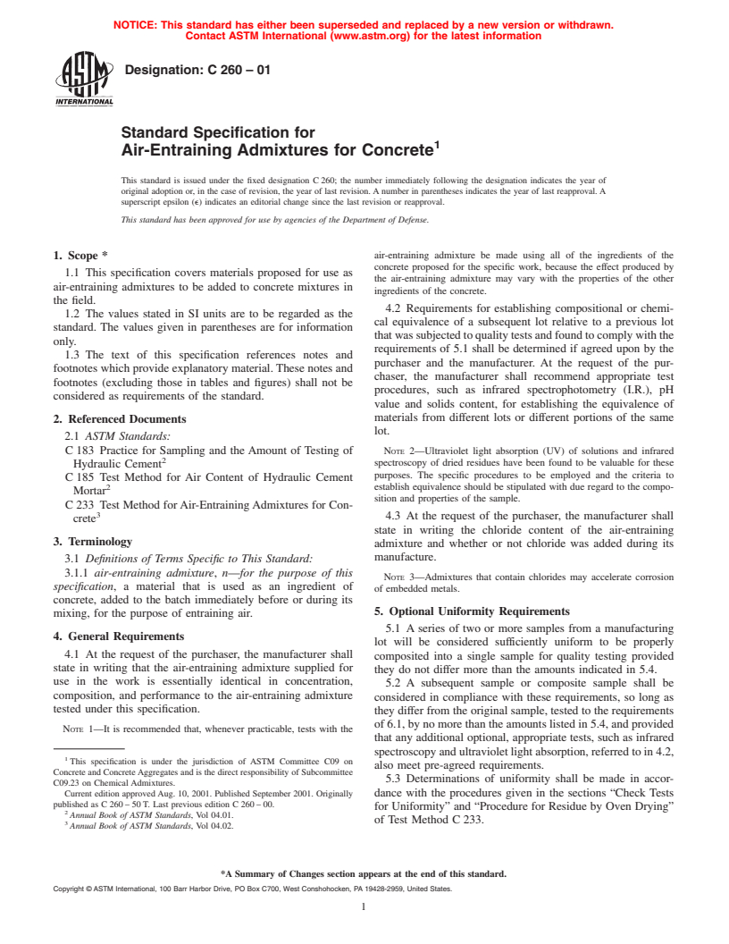 ASTM C260-01 - Standard Specification for Air-Entraining Admixtures for Concrete