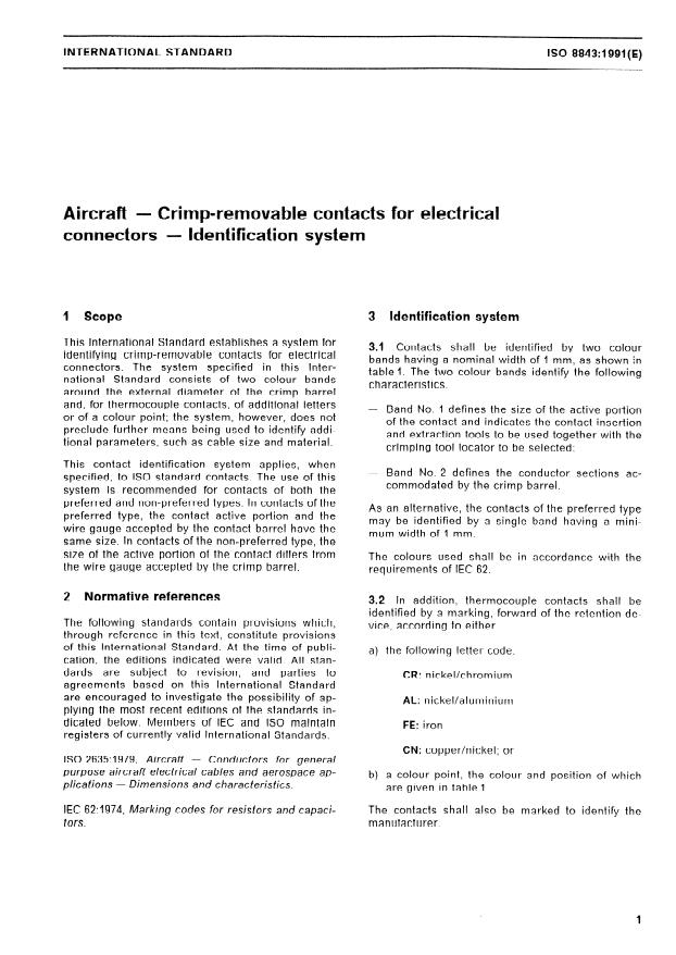 ISO 8843:1991 - Aircraft -- Crimp-removable contacts for electrical connectors -- Identification system