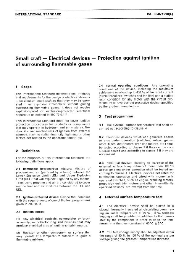 ISO 8846:1990 - Small craft -- Electrical devices -- Protection against ignition of surrounding flammable gases