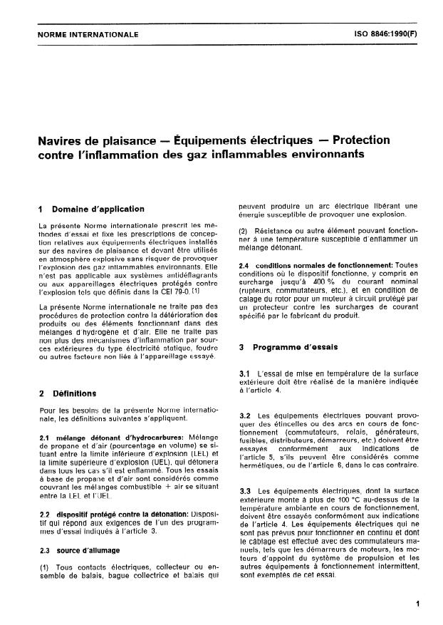 ISO 8846:1990 - Navires de plaisance -- Équipements électriques -- Protection contre l'inflammation des gaz inflammables environnants