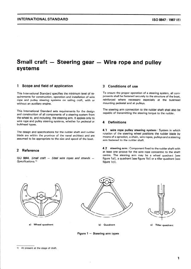 ISO 8847:1987 - Small craft -- Steering gear -- Wire rope and pulley systems