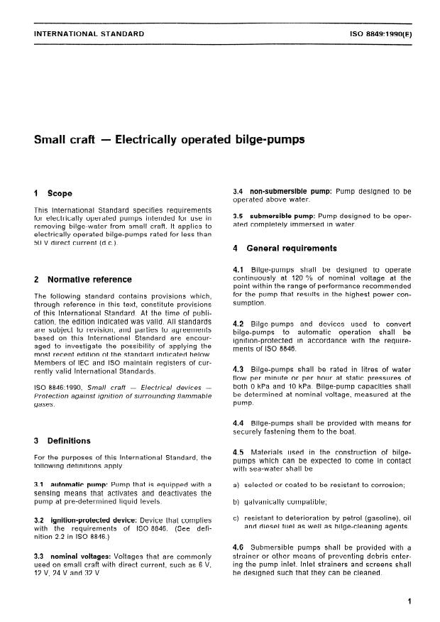 ISO 8849:1990 - Small craft -- Electrically operated bilge-pumps