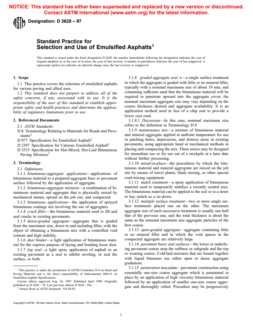 ASTM D3628-97 - Standard Practice for Selection and Use of Emulsified Asphalts