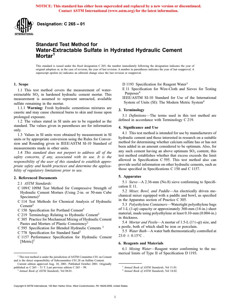 ASTM C265-01 - Standard Test Method for Water-Extractable Sulfate in Hydrated Hydraulic Cement Mortar