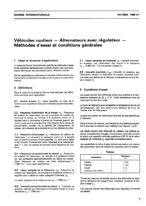 ISO 8854:1988 - Véhicules routiers -- Alternateurs avec régulateur -- Méthodes d'essai et conditions générales