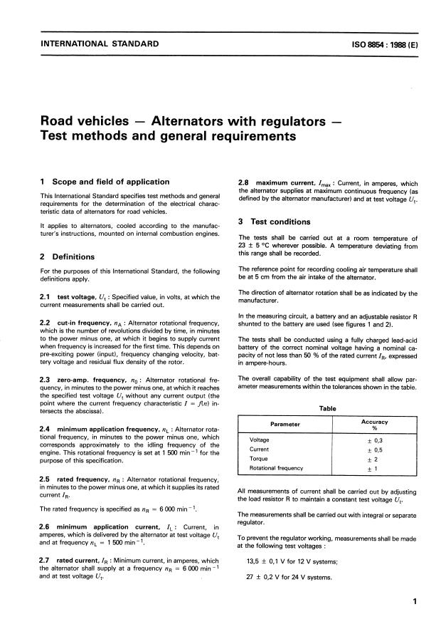 ISO 8854:1988 - Road vehicles -- Alternators with regulators -- Test methods and general requirements