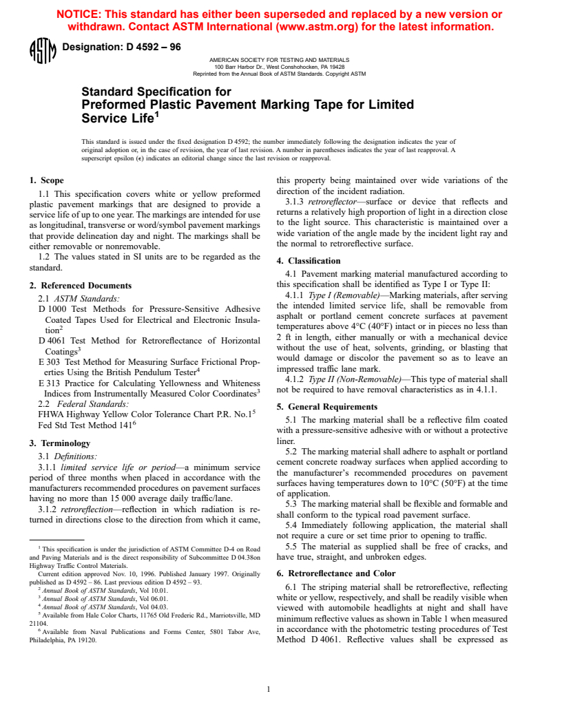 ASTM D4592-96 - Standard Specification for Preformed Retroreflective Pavement Marking Tape for Limited Service Life