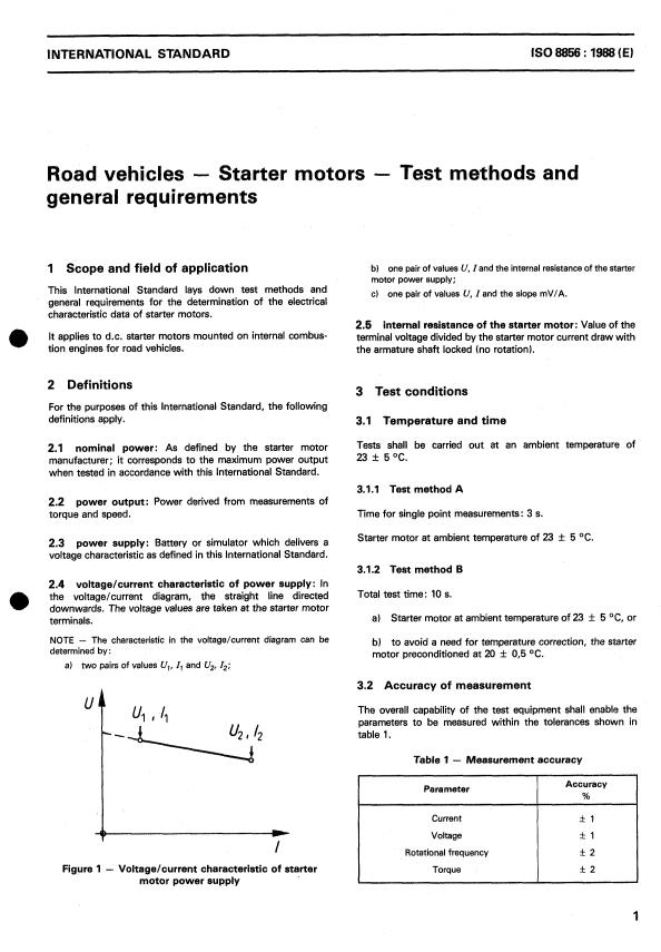 ISO 8856:1988 - Road vehicles -- Starter motors -- Test methods and general requirements