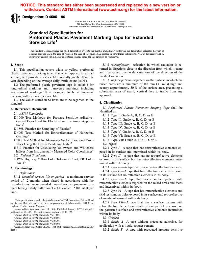 ASTM D4505-96 - Standard Specification for Preformed Retroreflective Pavement Marking Tape for Extended Service Life