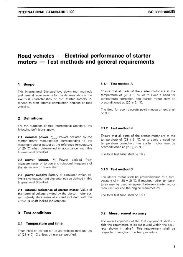 ISO 8856:1995 - Road vehicles -- Electrical performance of starter motors -- Test methods and general requirements