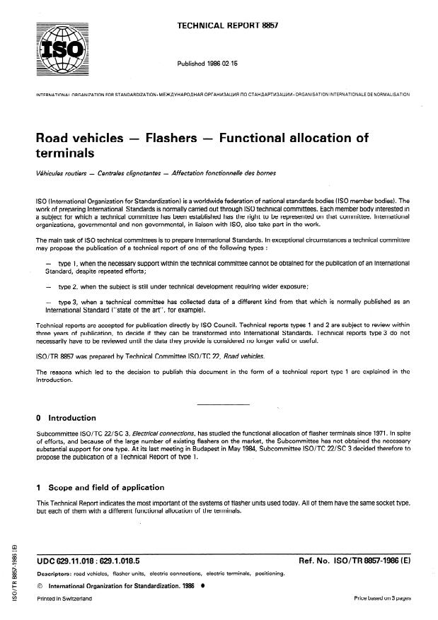 ISO/TR 8857:1986 - Road vehicles -- Flashers -- Functional allocation of terminals