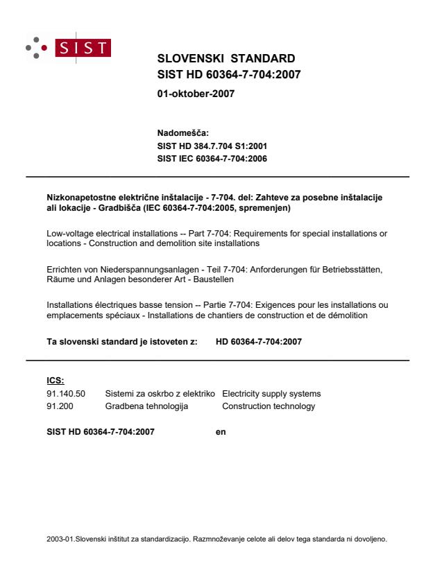 HD 60364-7-704:2007 (EN) - osnova HD vsebuje tudi popravek iz aprila 2008