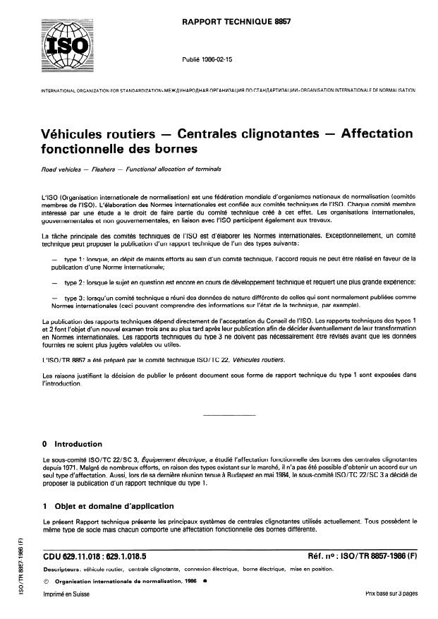 ISO/TR 8857:1986 - Véhicules routiers -- Centrales clignotantes -- Affectation fonctionnelle des bornes