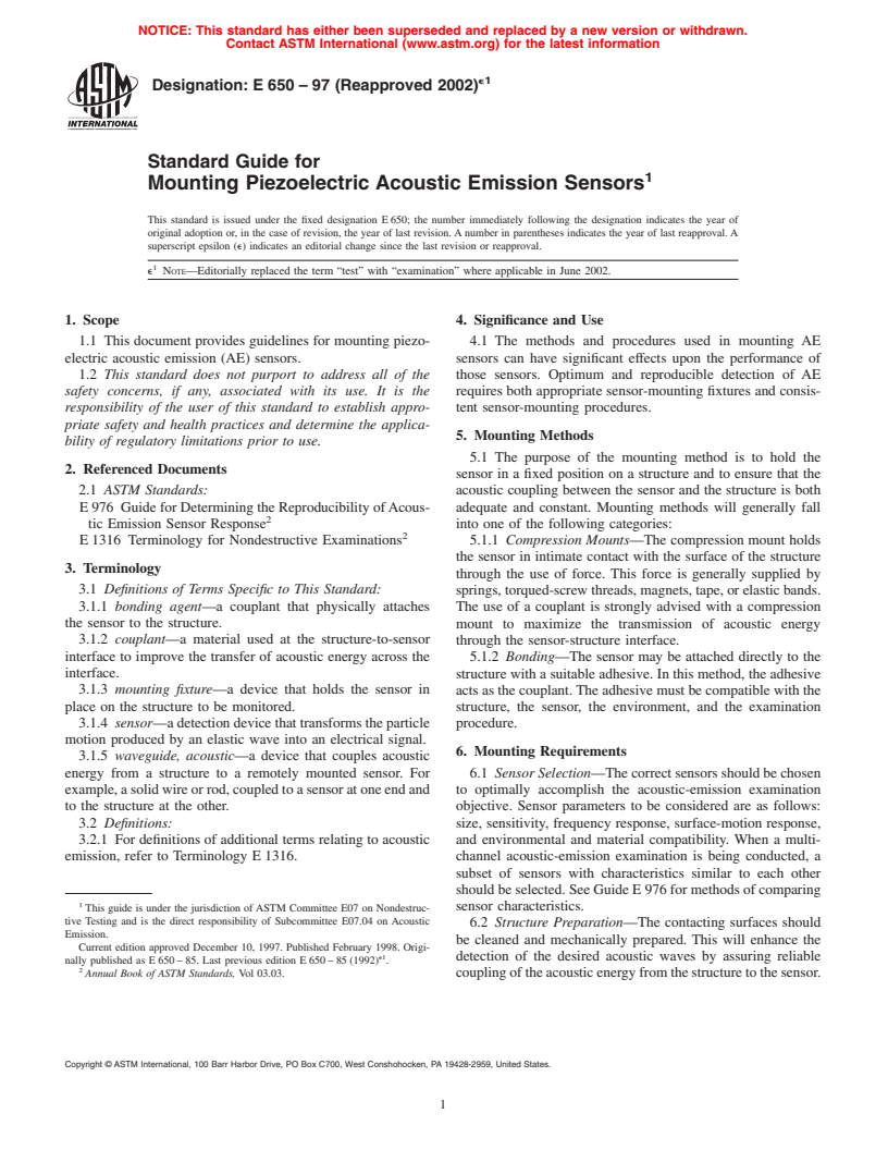 ASTM E650-97(2002)e1 - Standard Guide for Mounting Piezoelectric Acoustic Emission Sensors