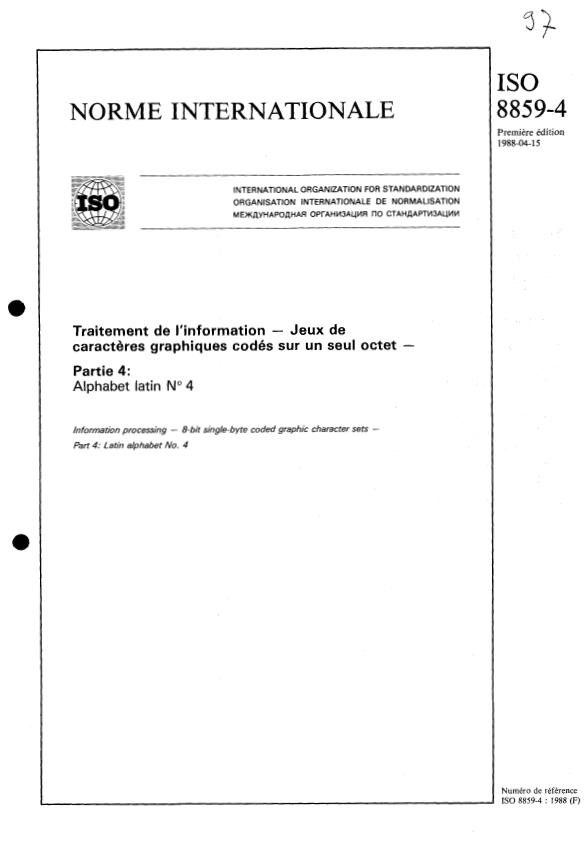 ISO 8859-4:1988 - Traitement de l'information -- Jeux de caracteres graphiques codés sur un seul octet