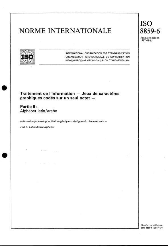 ISO 8859-6:1987 - Traitement de l'information -- Jeux de caracteres graphiques codés sur un seul octet