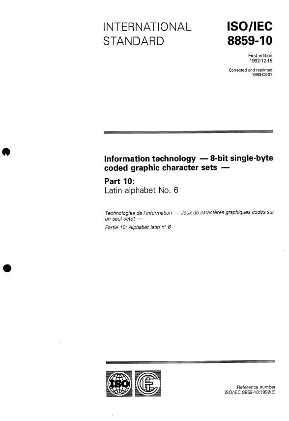 ISO/IEC 8859-10:1992 - Information technology -- 8-Bit single-byte coded graphic character sets