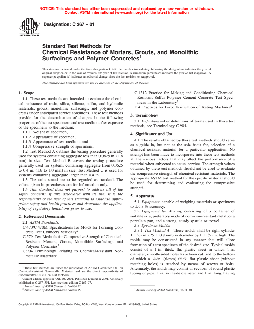 ASTM C267-01 - Standard Test Methods for Chemical Resistance of Mortars, Grouts, and Monolithic Surfacings and Polymer Concretes