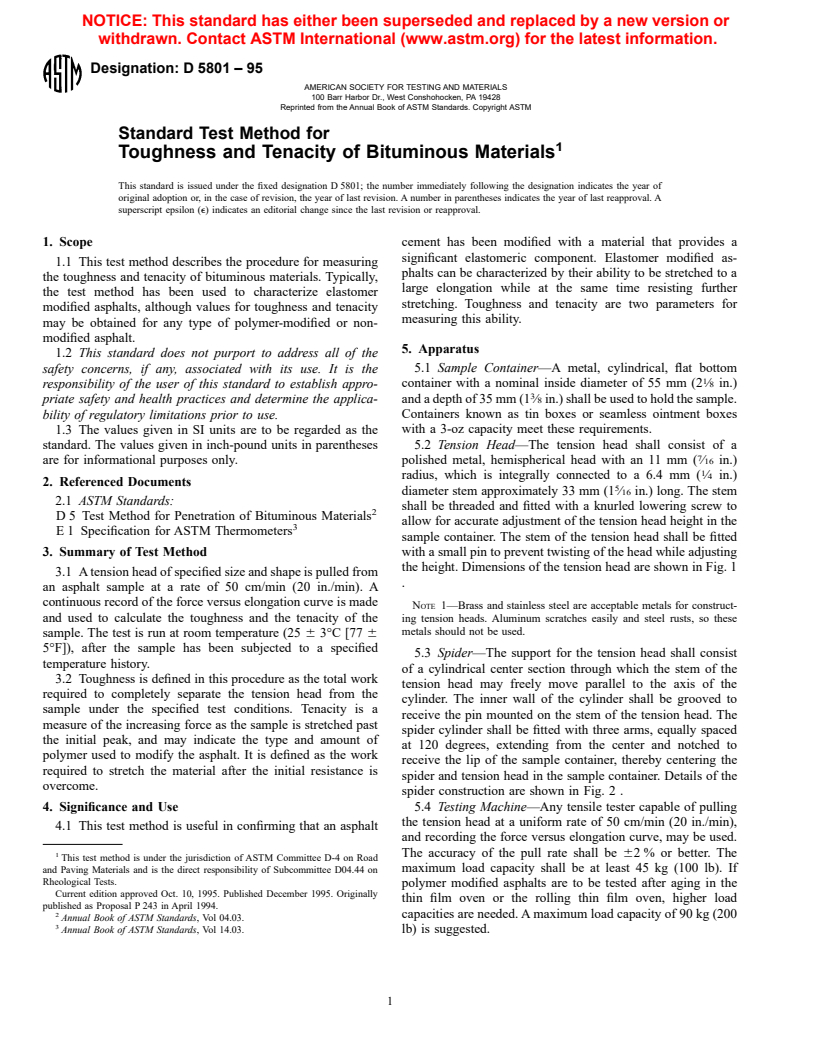 ASTM D5801-95 - Standard Test Method for Toughness and Tenacity of Bituminous Materials