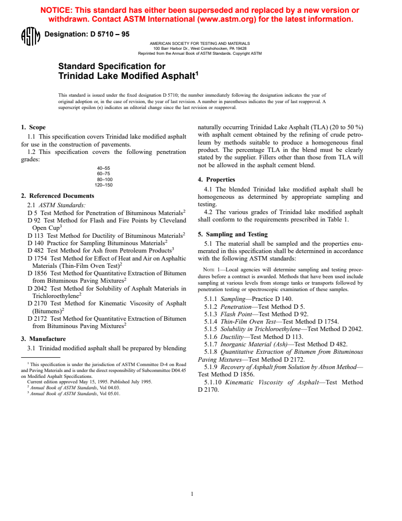 ASTM D5710-95 - Standard Specification for Trinidad Lake Modified Asphalt