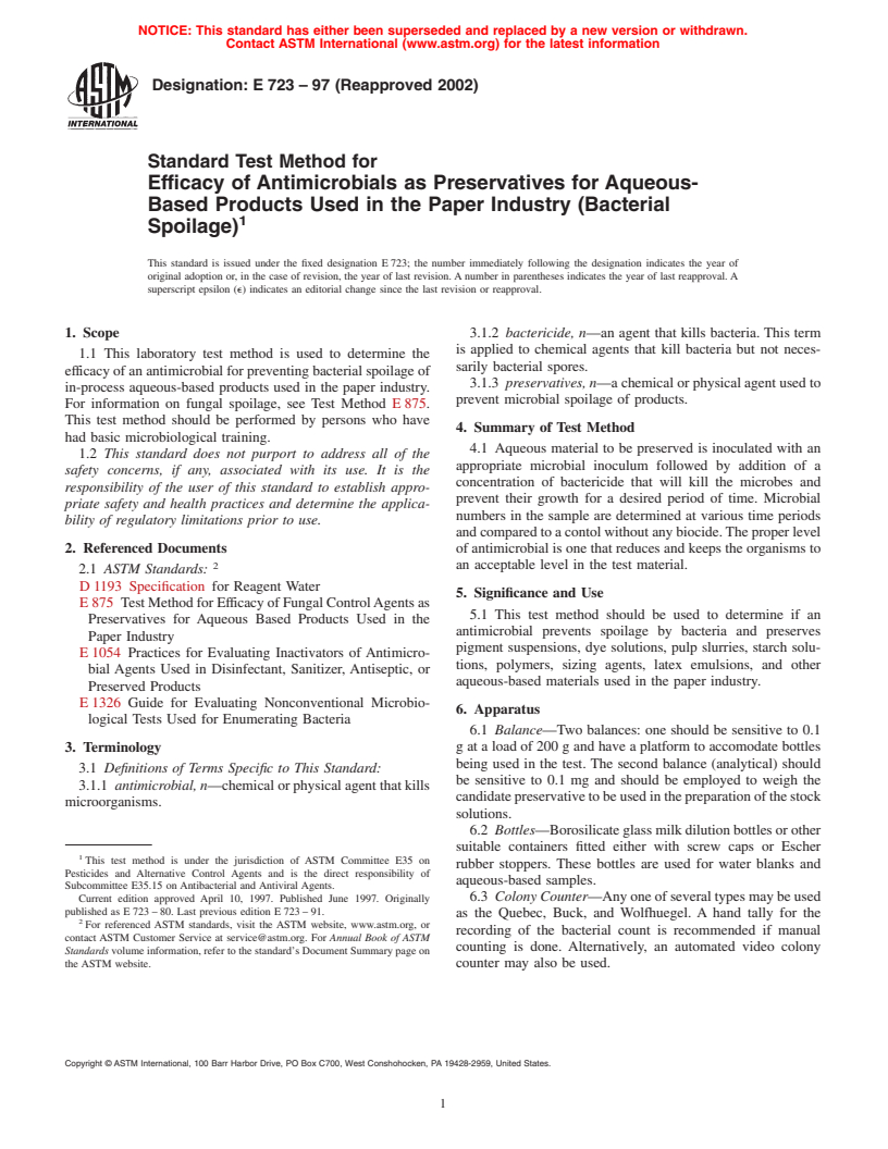 ASTM E723-97(2002) - Standard Test Method for Efficacy of Antimicrobials as Preservatives for Aqueous-Based Products Used in the Paper Industry (Bacterial Spoilage)