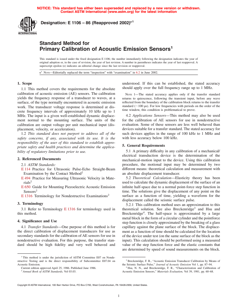 ASTM E1106-86(2002)e1 - Standard Method for Primary Calibration of Acoustic Emission Sensors