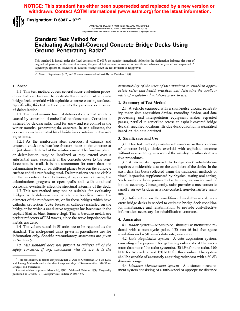 ASTM D6087-97e1 - Standard Test Method for Evaluating Asphalt-Covered Concrete Bridge Decks Using Ground Penetrating Radar