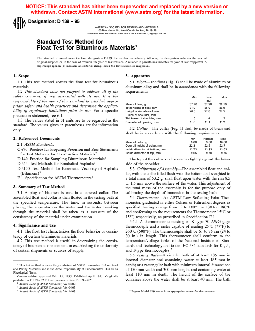 ASTM D139-95 - Standard Test Method for Float Test for Bituminous Materials