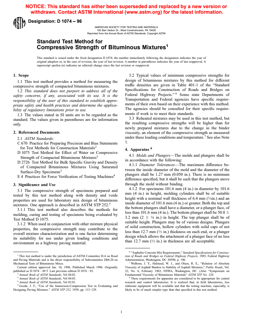 ASTM D1074-96 - Standard Test Method for Compressive Strength of Bituminous Mixtures