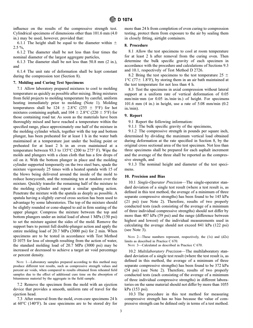 ASTM D1074-96 - Standard Test Method for Compressive Strength of Bituminous Mixtures