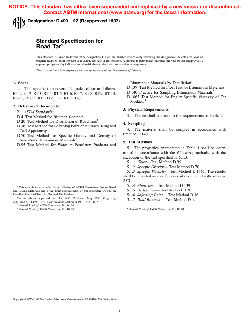 ASTM D490-92(1997) - Standard Specification for Road Tar